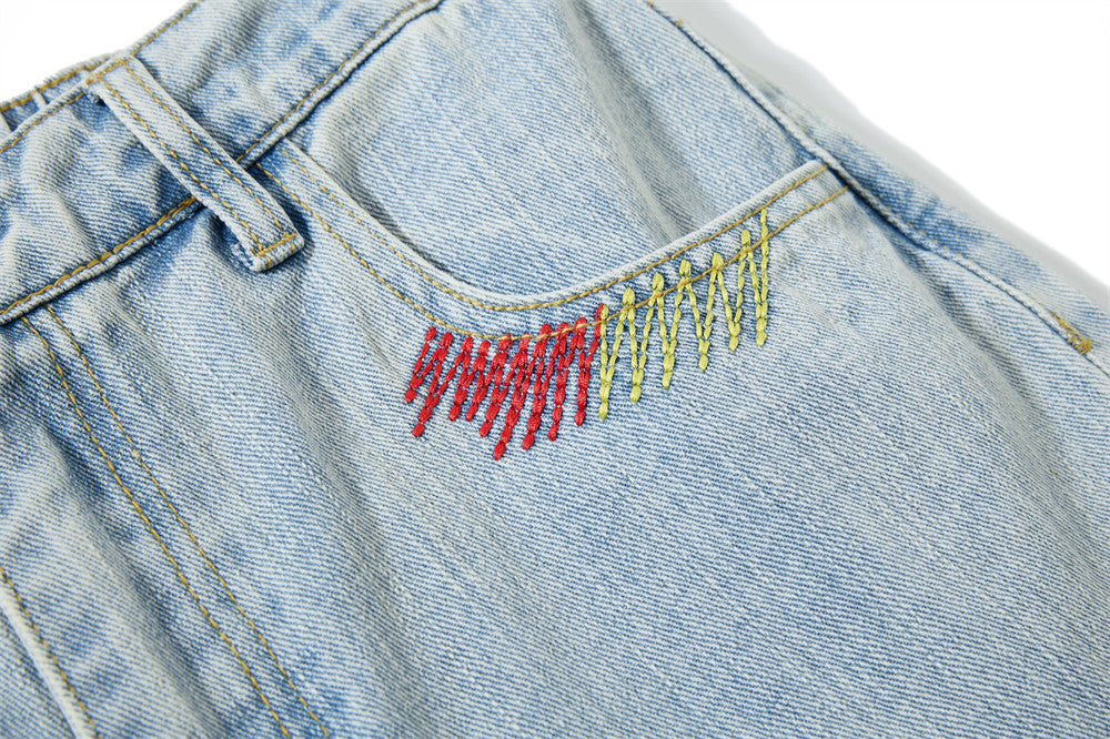 Wide-Leg Washed Denim Jeans with Cross Star Embroidery & Rhinestone Pocket