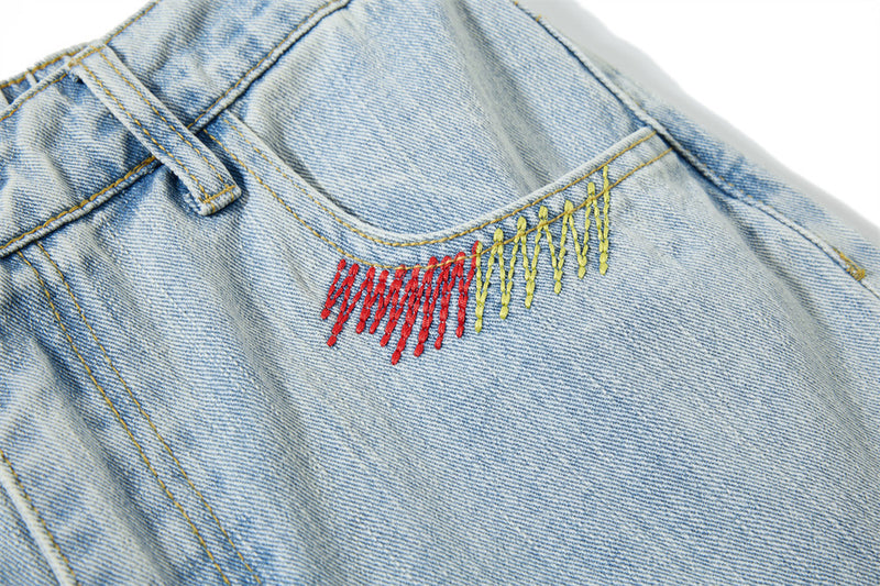 Wide-Leg Washed Denim Jeans with Cross Star Embroidery & Rhinestone Pocket