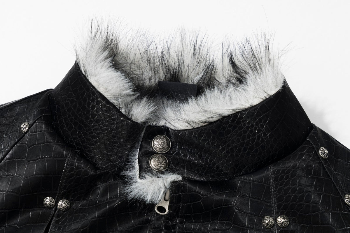 Croc-Embossed Faux Leather Bomber Jacket with Fur Collar