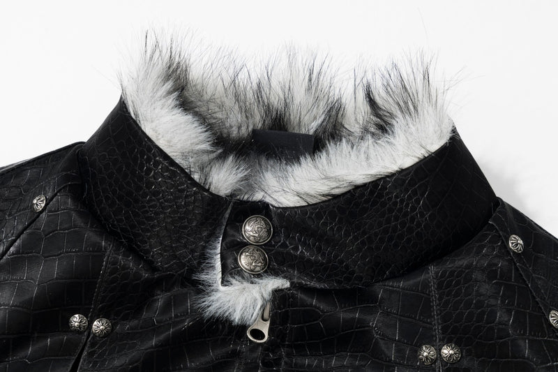 Croc-Embossed Faux Leather Bomber Jacket with Fur Collar
