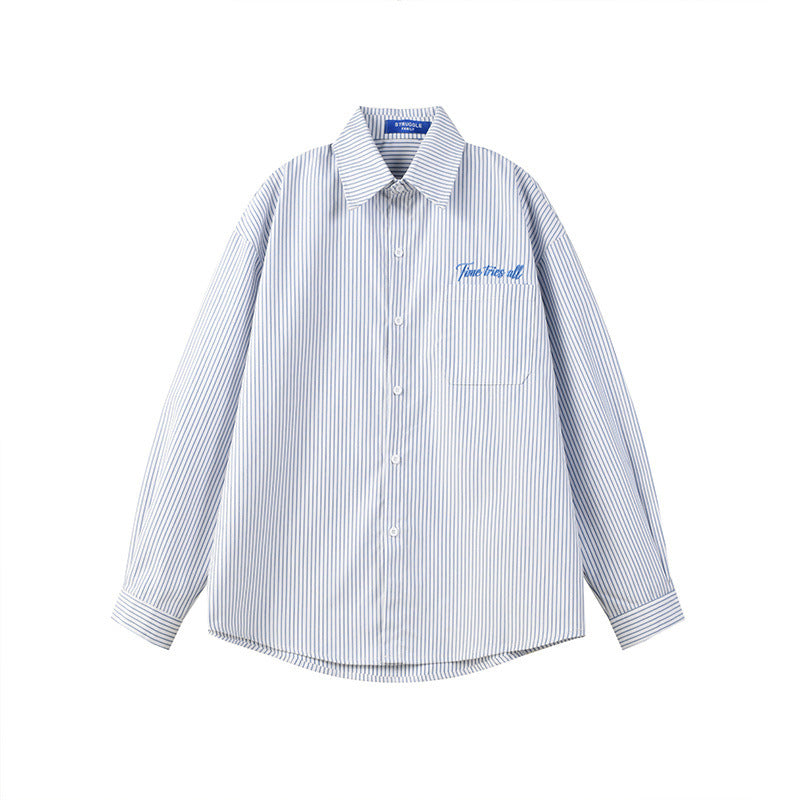 Men's Vertical Stripe Oversized Long-Sleeve Shirt with Embroidered Script