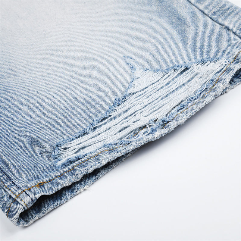 Wide-Leg Distressed Denim Shorts – Light Wash Retro Baggy Fit