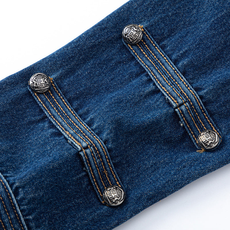 Men's Military-Style Denim Jacket – Stand Collar, Decorative Button Trim