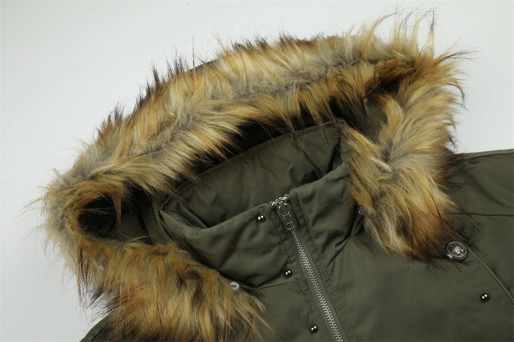 Men's Hooded Bomber Jacket with Detachable Fur-Trim Hood & Military Button