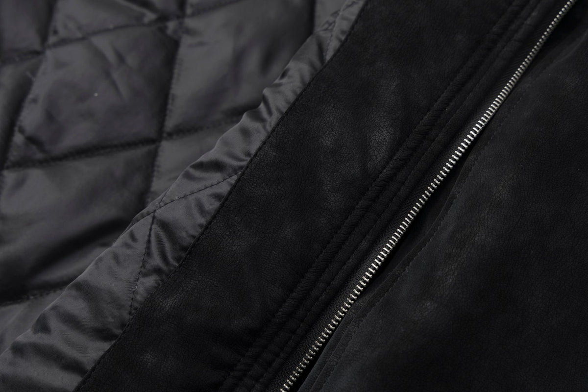Fur Collar Bomber Jacket – Black Suede-Texture Padded Outerwear