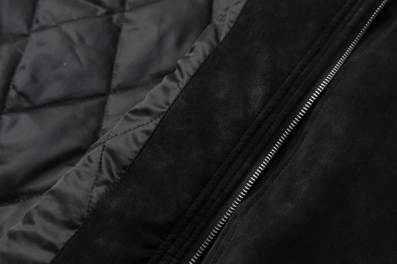 Fur Collar Bomber Jacket – Black Suede-Texture Padded Outerwear