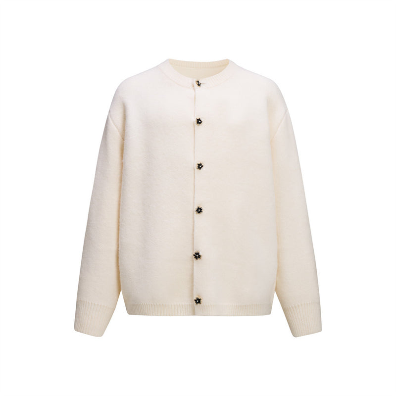 Men's crewneck knit cardigan sweater with floral buttons in cream, camel, and charcoal grey