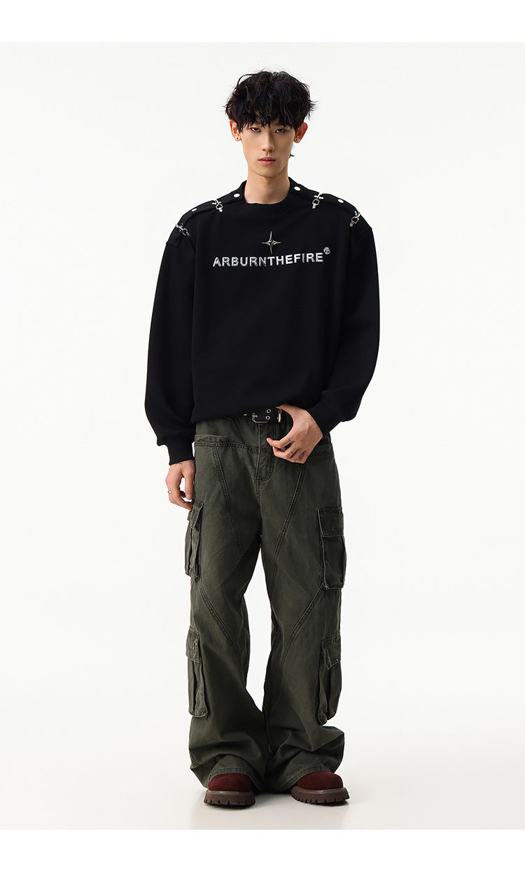 Sweat-shirt punk streetwear à col rond avec anneaux métalliques sur les épaules