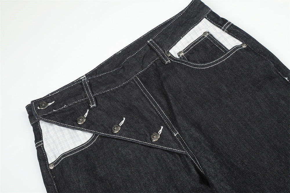 Herren Straight-Fit-Jeans – Wide-Leg-Rohdenim mit diagonalem Knopfverschluss und Karomuster