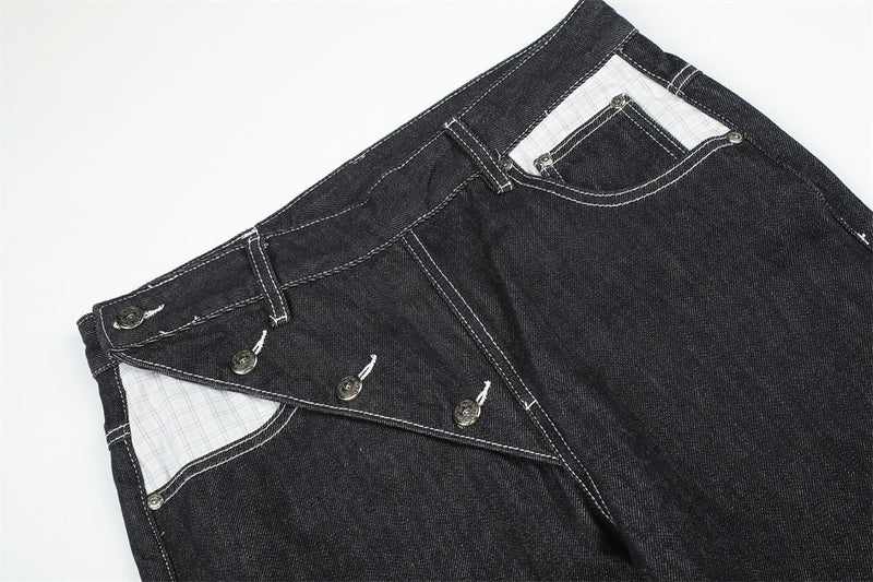 Herren Straight-Fit-Jeans – Wide-Leg-Rohdenim mit diagonalem Knopfverschluss und Karomuster