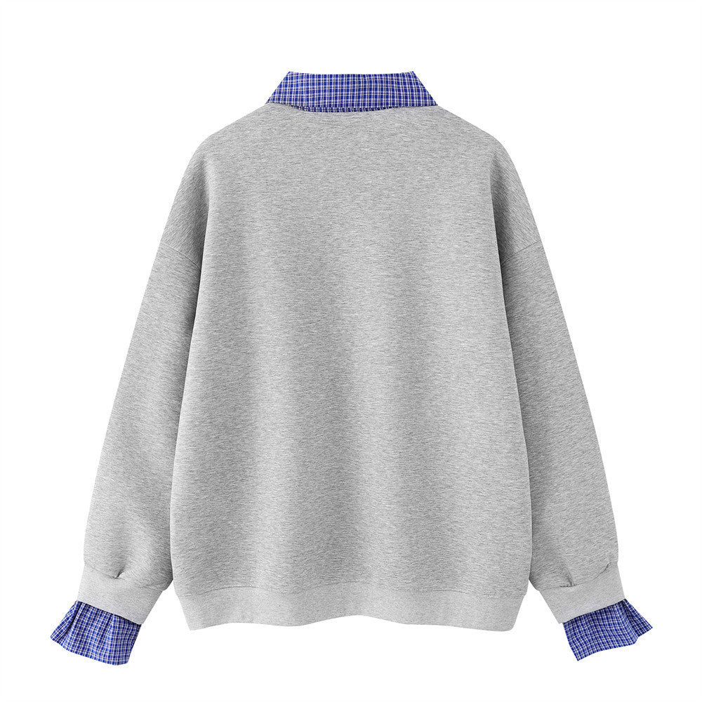 Plaid Collar Faux-Layered Polo Sweatshirt – Relaxed Fit Long Sleeve Top