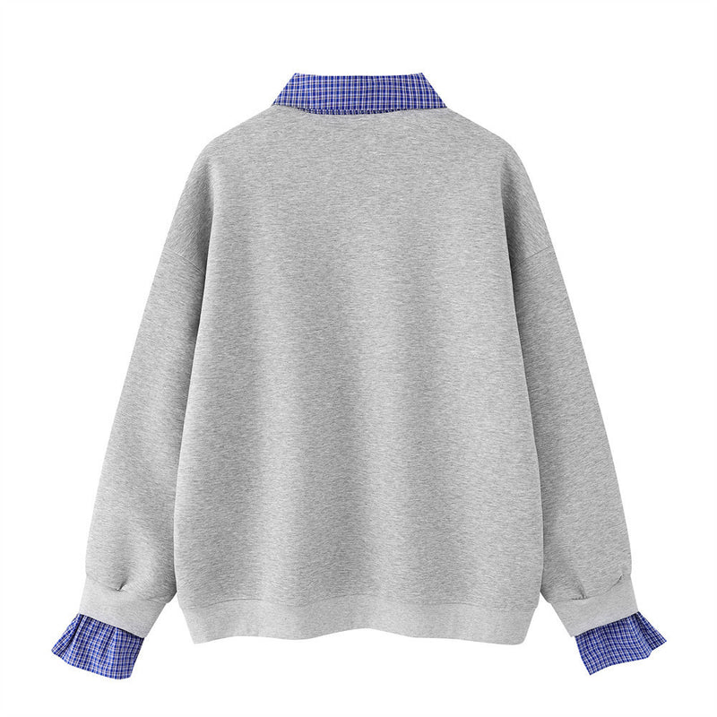 Plaid Collar Faux-Layered Polo Sweatshirt – Relaxed Fit Long Sleeve Top