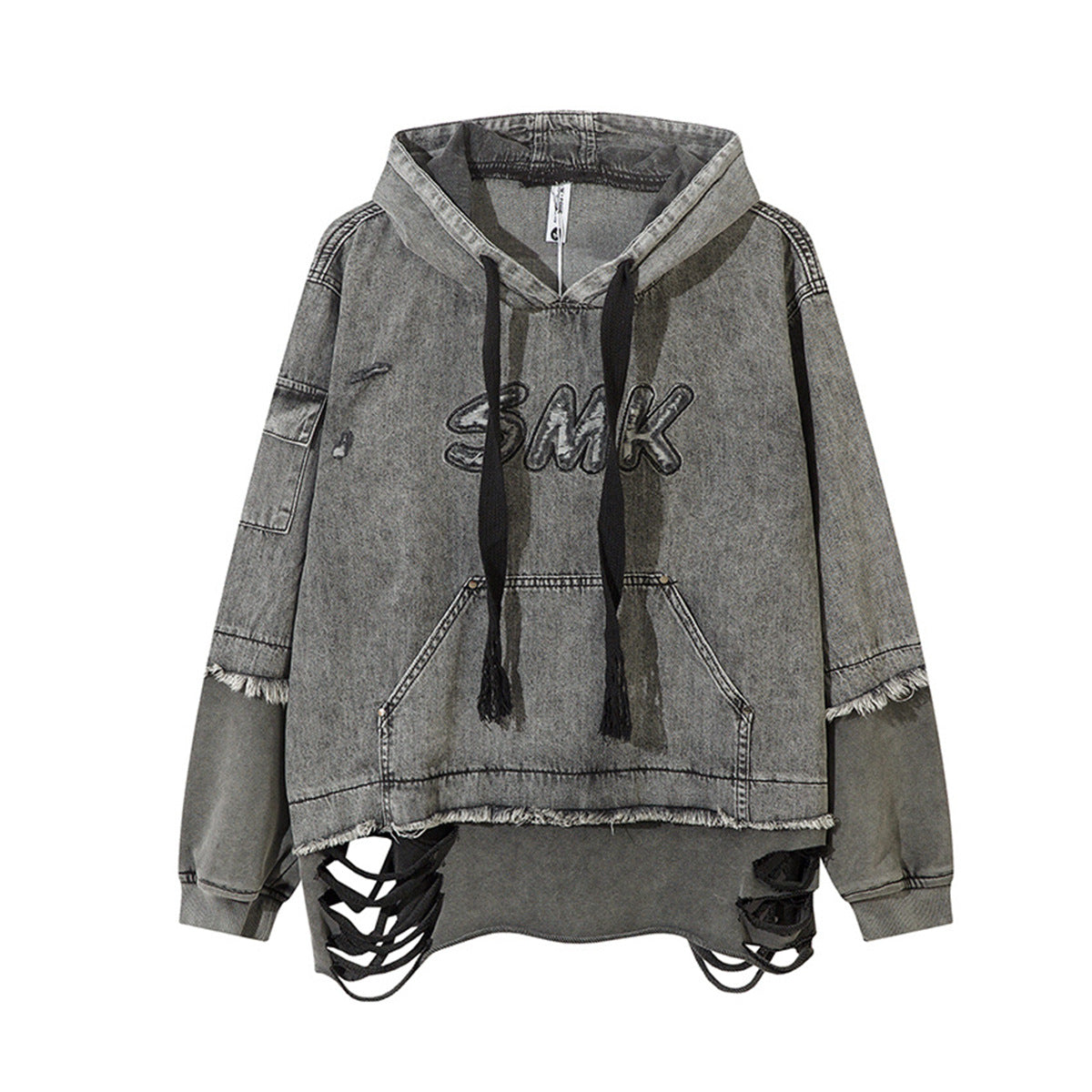 Sweat à capuche en denim délavé et déchiré – Broderie SMK, ourlet brut et détails usés