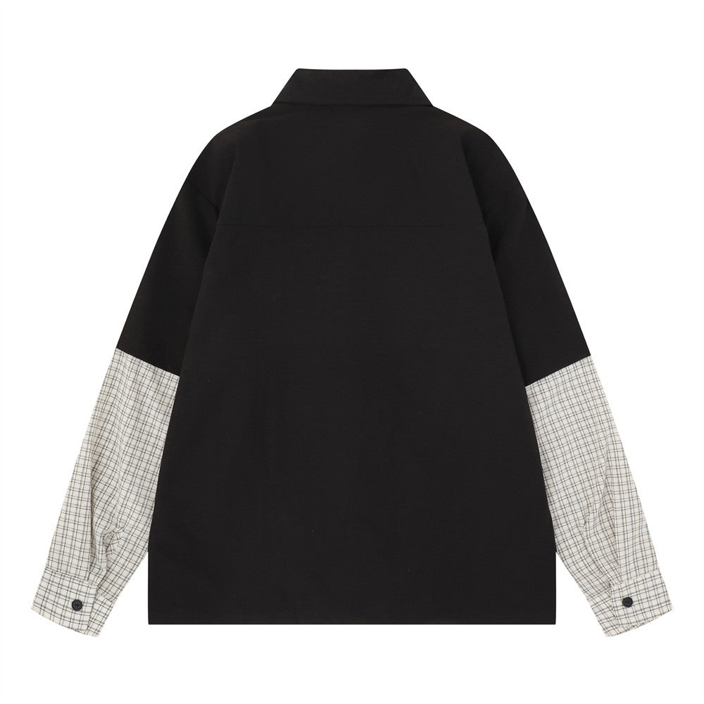 Faux Two-Piece Plaid Splice Long Sleeve Shirt – Metal Eyelet & Letter Print