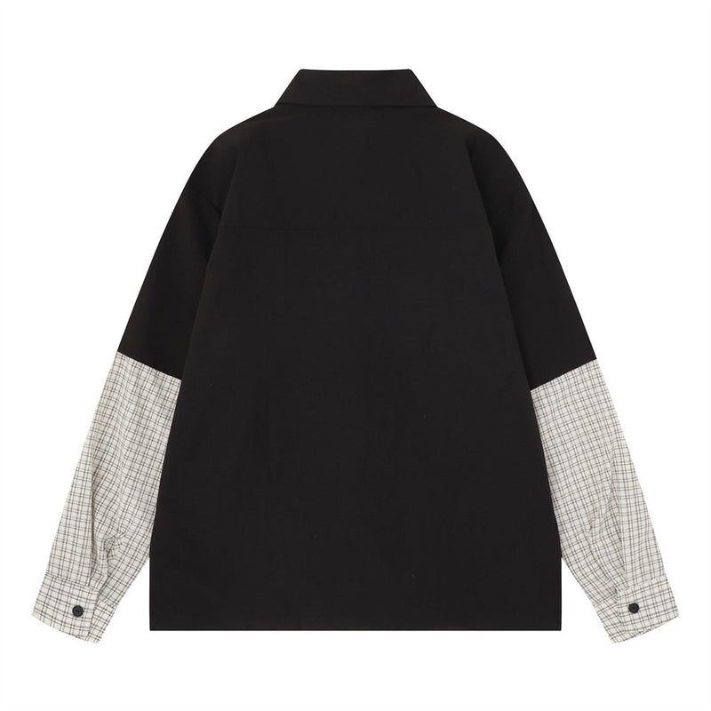 Faux Two-Piece Plaid Splice Long Sleeve Shirt – Metal Eyelet & Letter Print