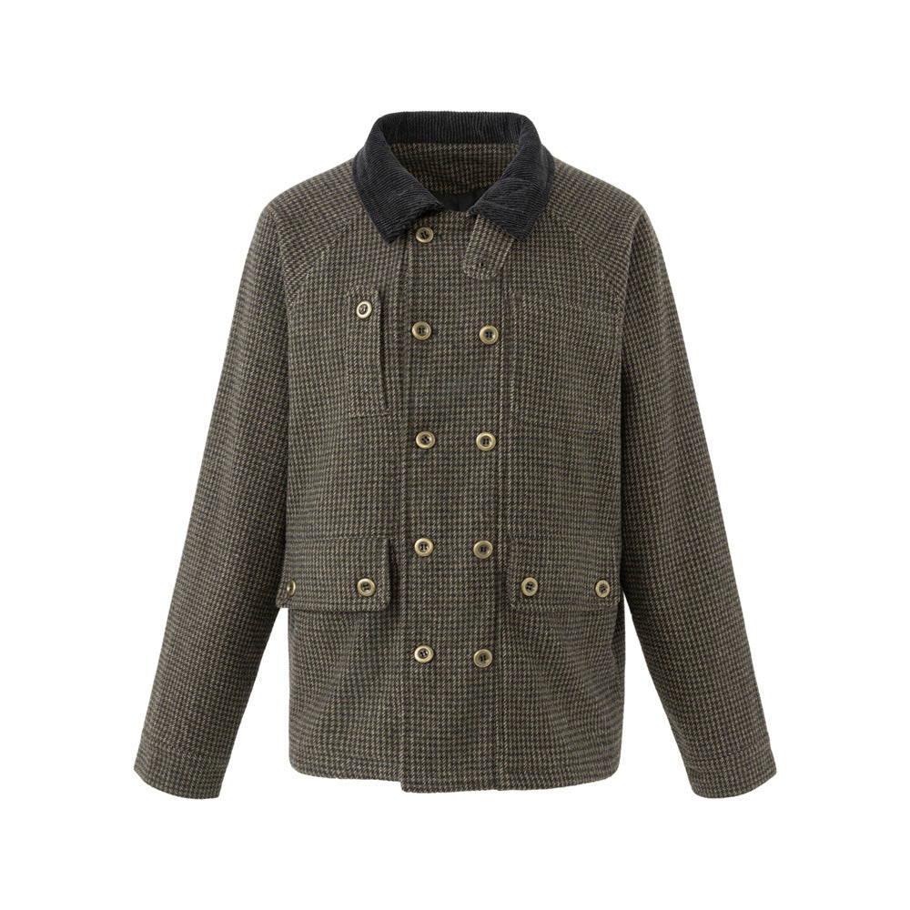 Men's Houndstooth Tweed Jacket – Stand Collar, Multi-Pocket Workwear Coat