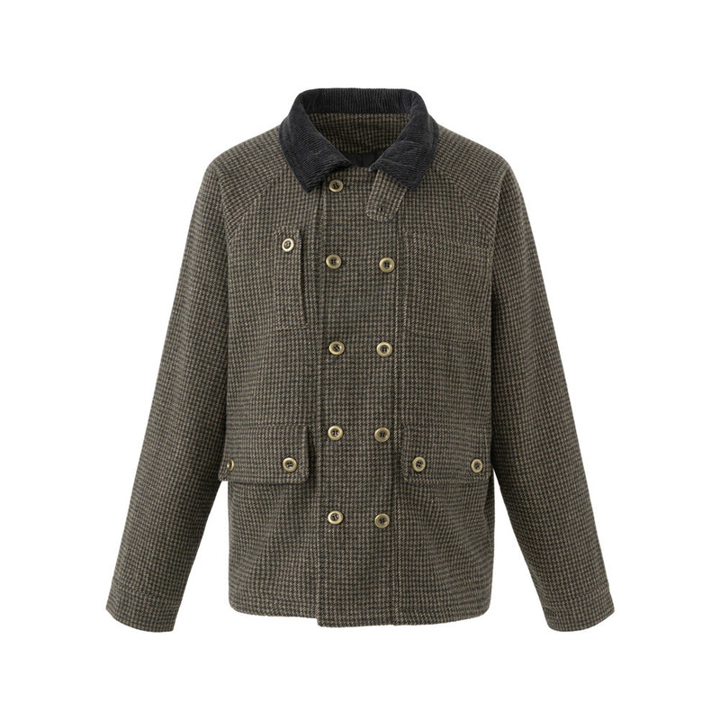 Men's Houndstooth Tweed Jacket – Stand Collar, Multi-Pocket Workwear Coat