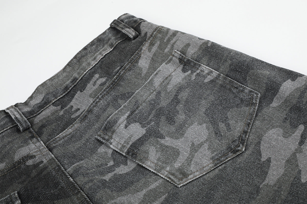 Camo Wide-Leg Cargo Denim Pants with Varsity Patches