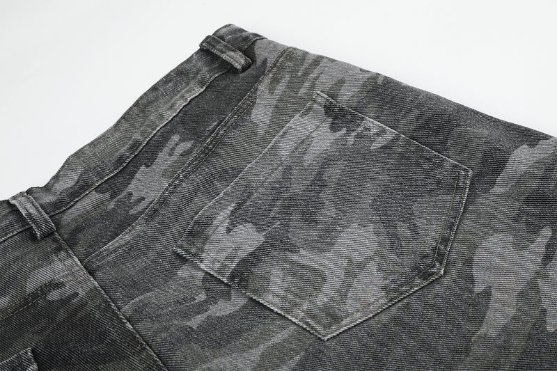 Camo Wide-Leg Cargo Denim Pants with Varsity Patches