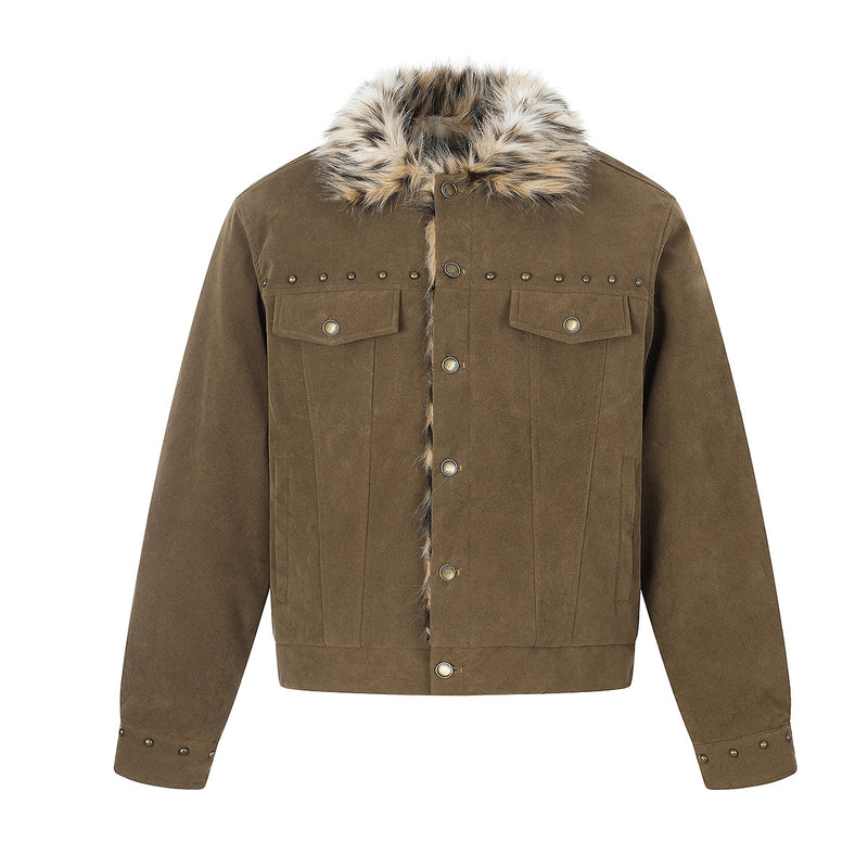 Faux Fur Collar Suede Jacket with Leopard Trim & Studs