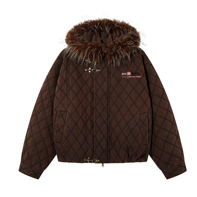 Brown quilted diamond jacket shown from the front with a fur-trimmed hood, toggle closures, and two pockets