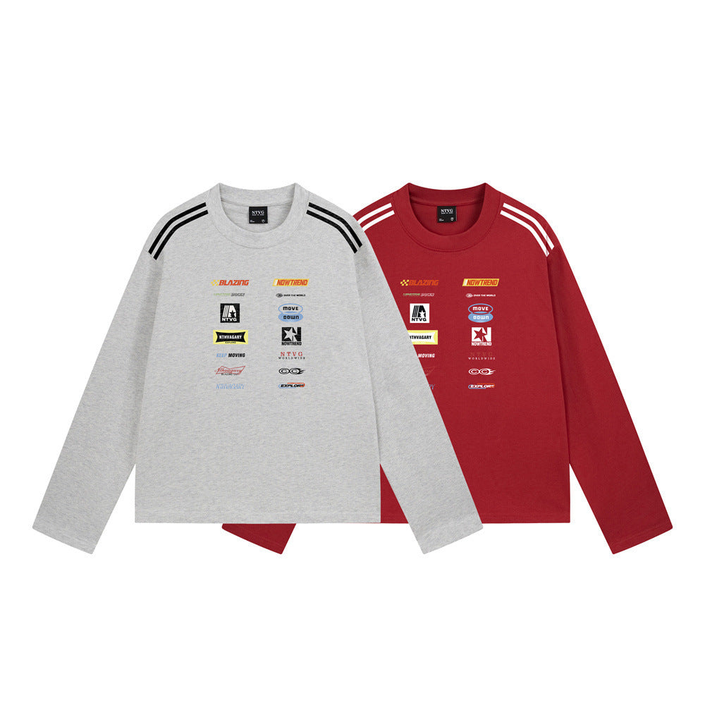 Racing Logo Print Long Sleeve T-Shirt – Relaxed Fit Crewneck with Stripe