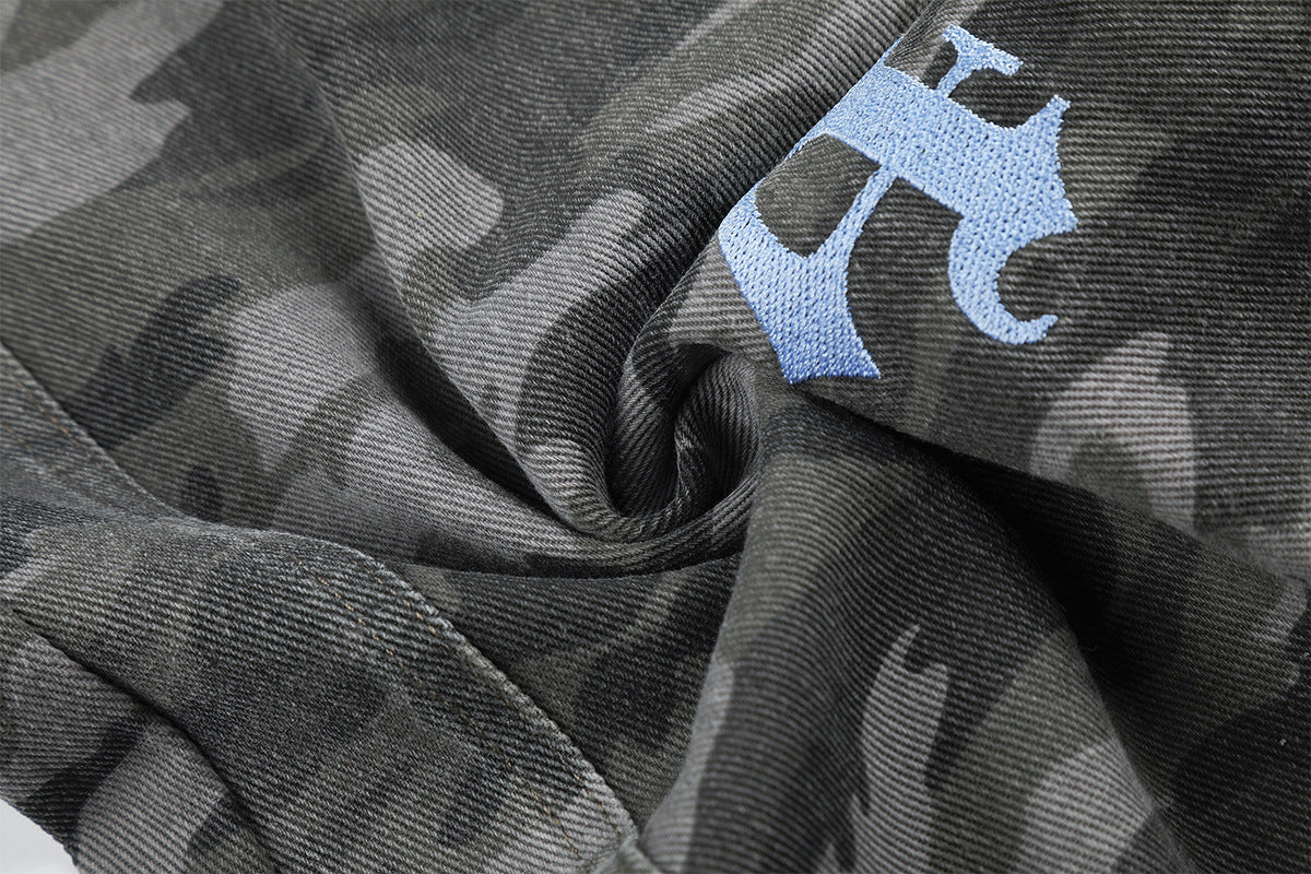 Camo Wide-Leg Cargo Denim Pants with Varsity Patches
