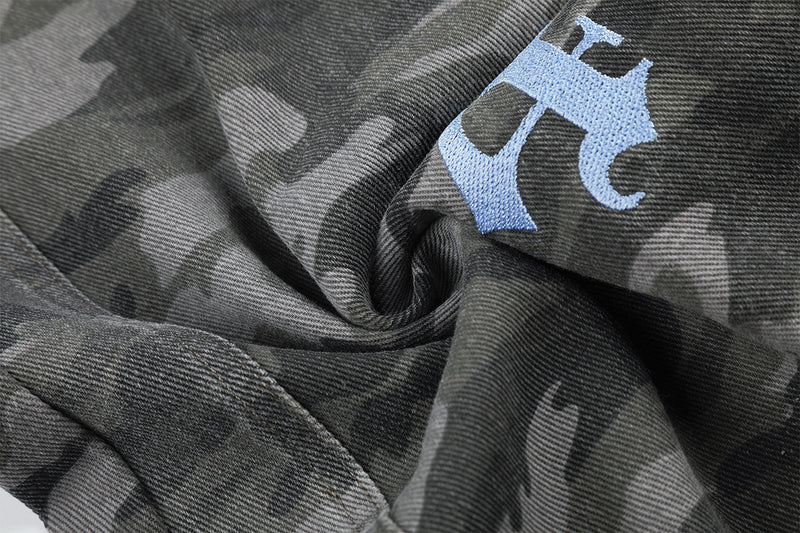 Camo Wide-Leg Cargo Denim Pants with Varsity Patches