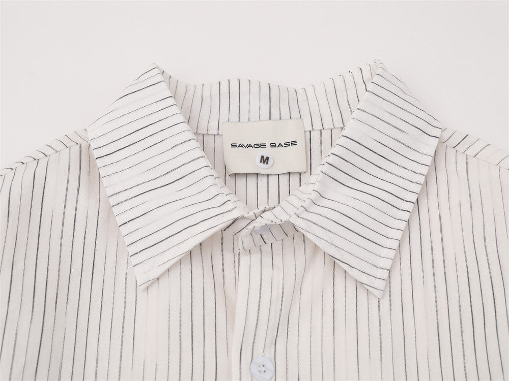 Striped Long Sleeve Shirt Men — Botanical Line Art Print, Relaxed Fit