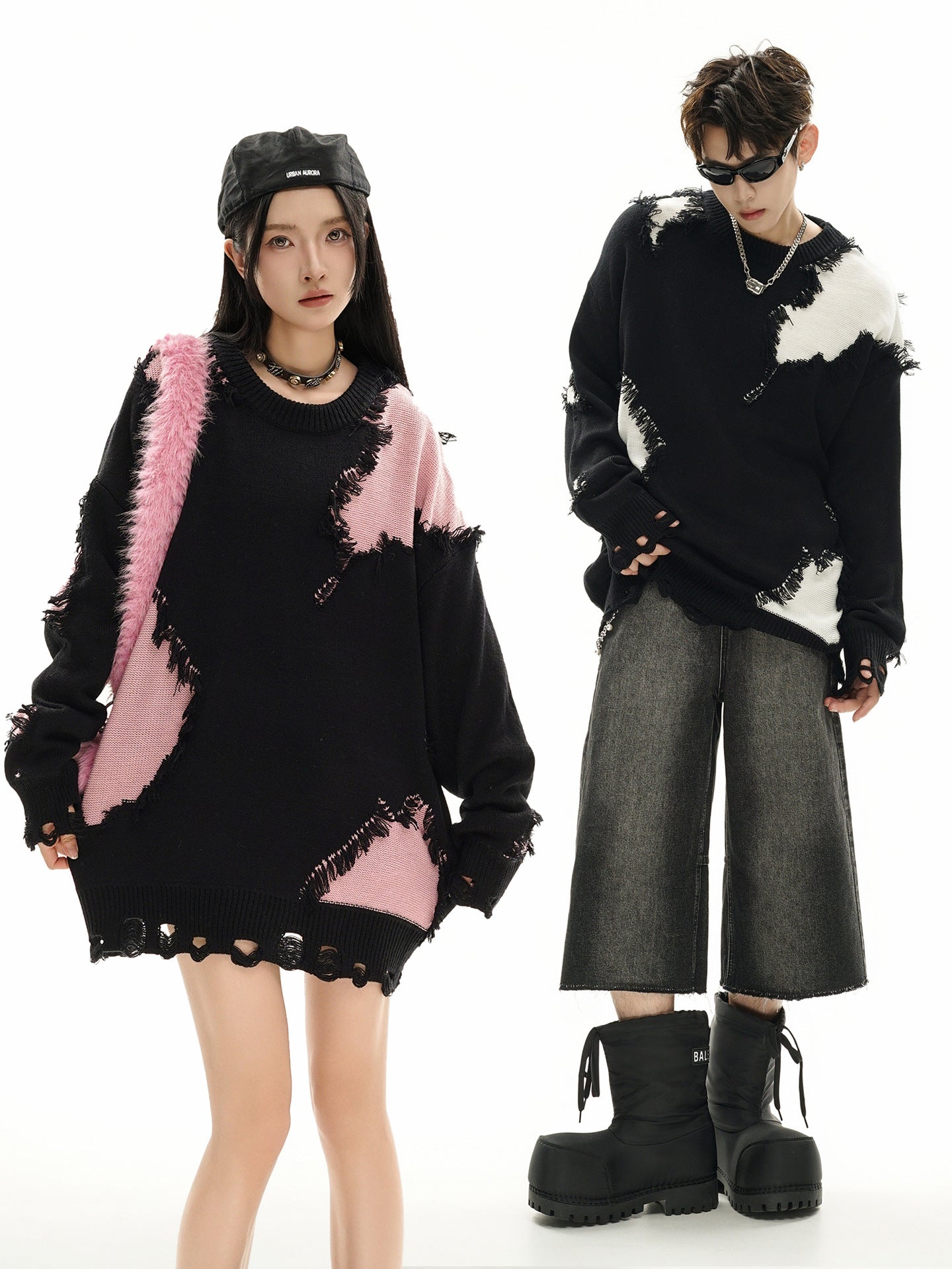 Pull en maille color block effet usé – Pull oversize à franges, style high-street