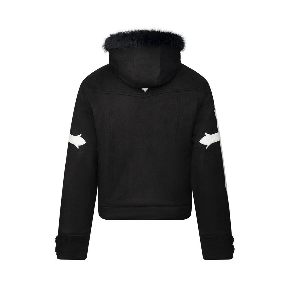 Black Fur-Trim Hooded Bomber Jacket with Arrow Sleeve Patches