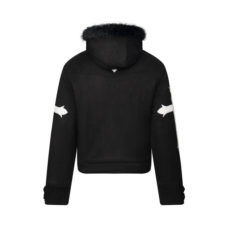 Black Fur-Trim Hooded Bomber Jacket with Arrow Sleeve Patches