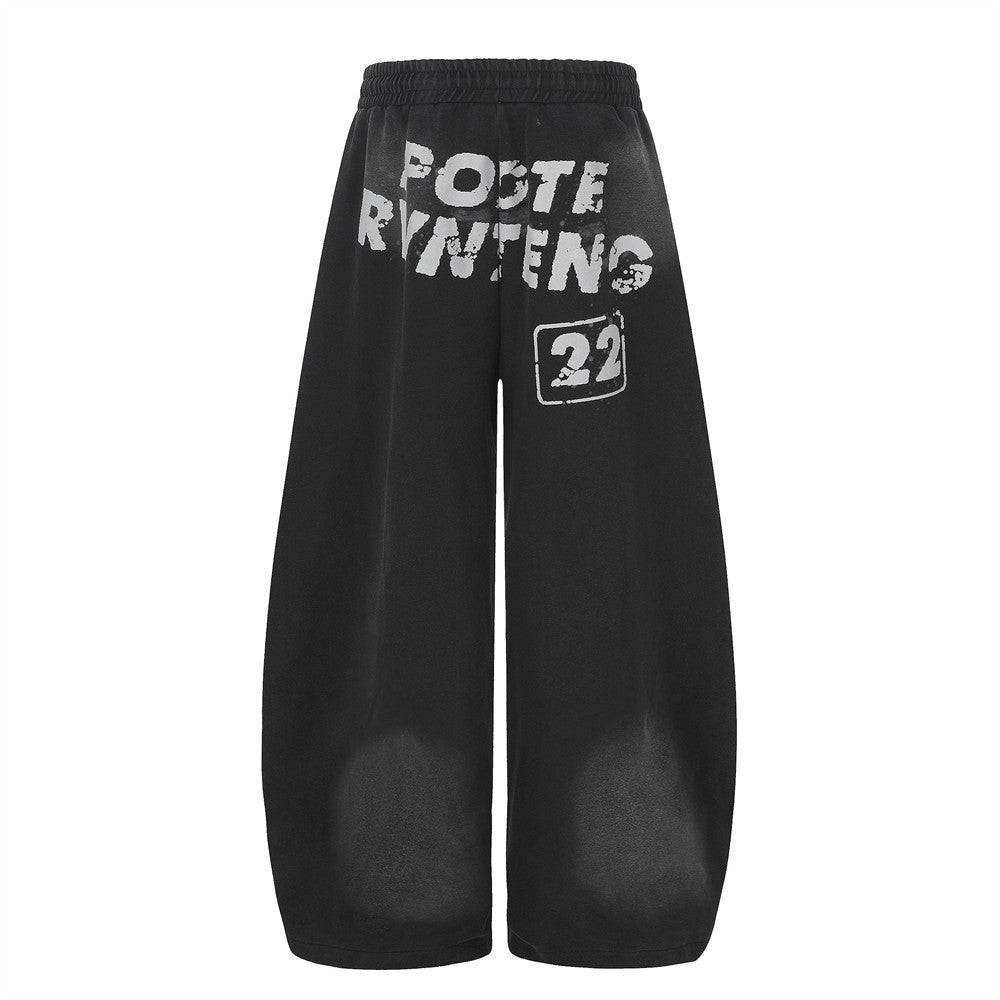Wide-Leg Sweatpants with Acid Wash Finish and Letter Print