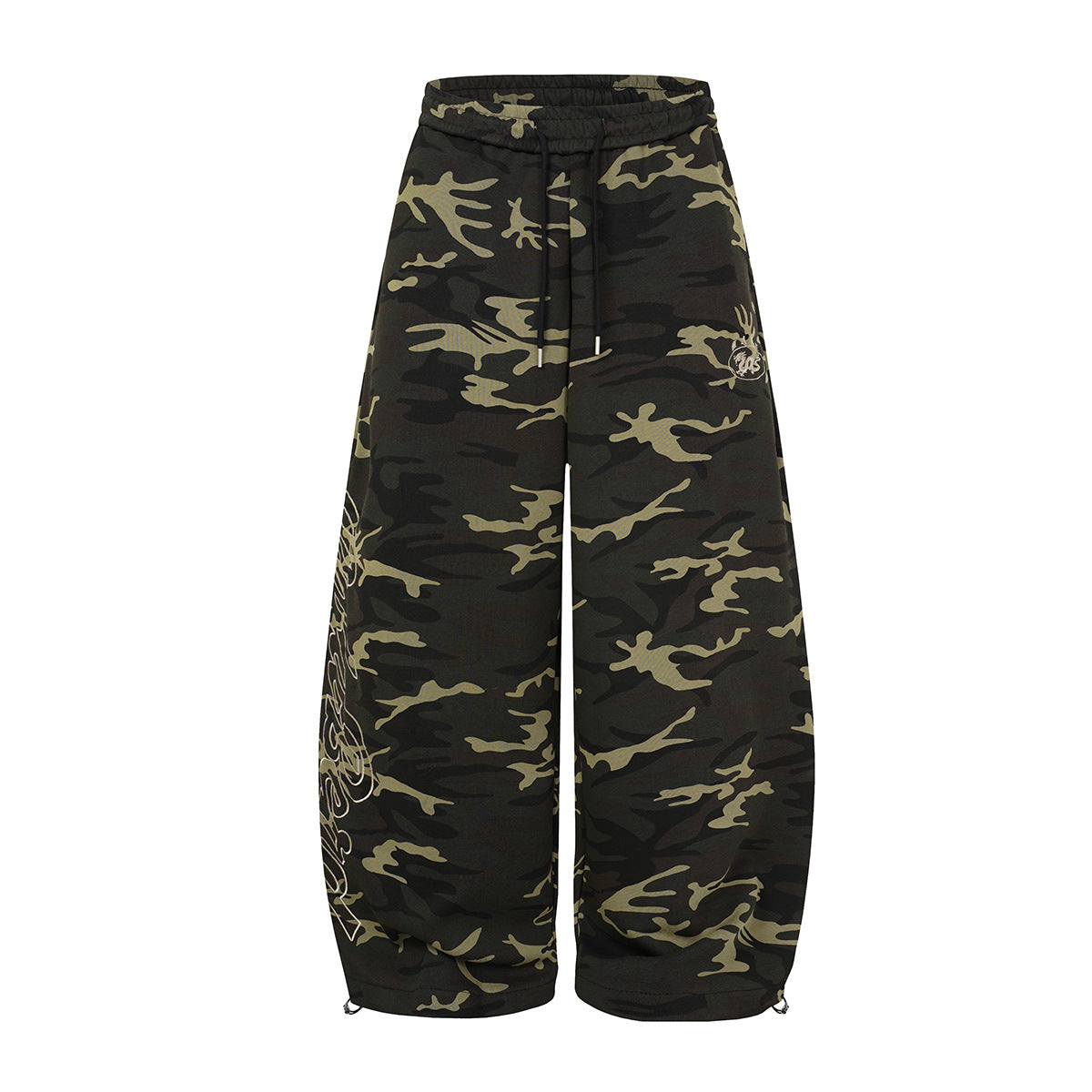 Oversized wide-leg camouflage sweatpants with script graphic print on left leg and drawstring waist, front view
