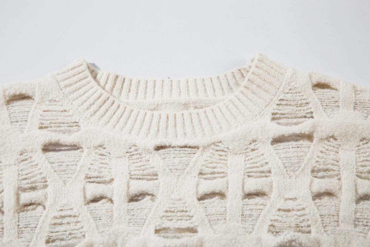 Distressed Open-Weave Crew Neck Knit Sweater – Oversized Ladder-Hole Design