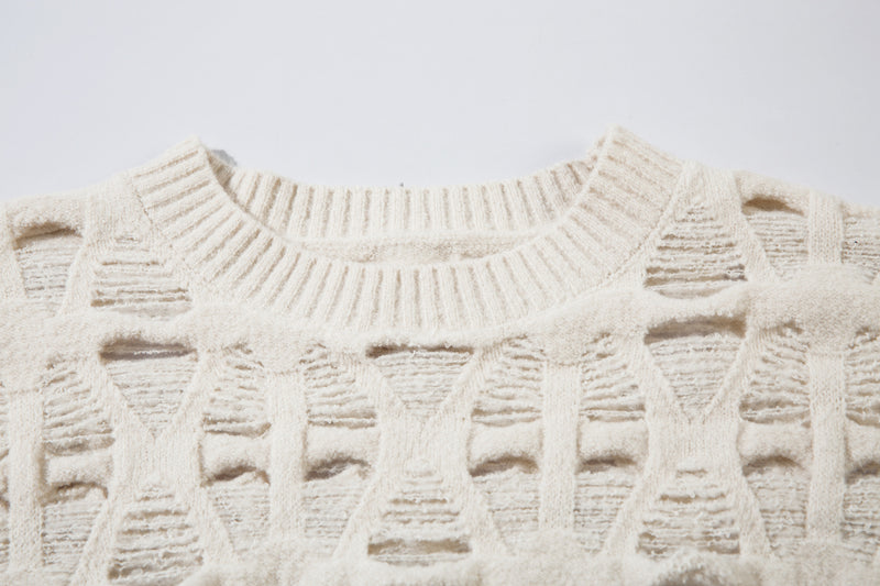 Distressed Open-Weave Crew Neck Knit Sweater – Oversized Ladder-Hole Design