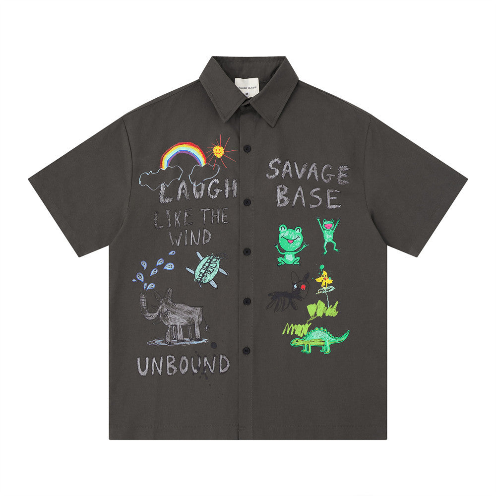 Men's oversized short sleeve button-up shirt with cartoon animal and text graphic print on the front in charcoal grey