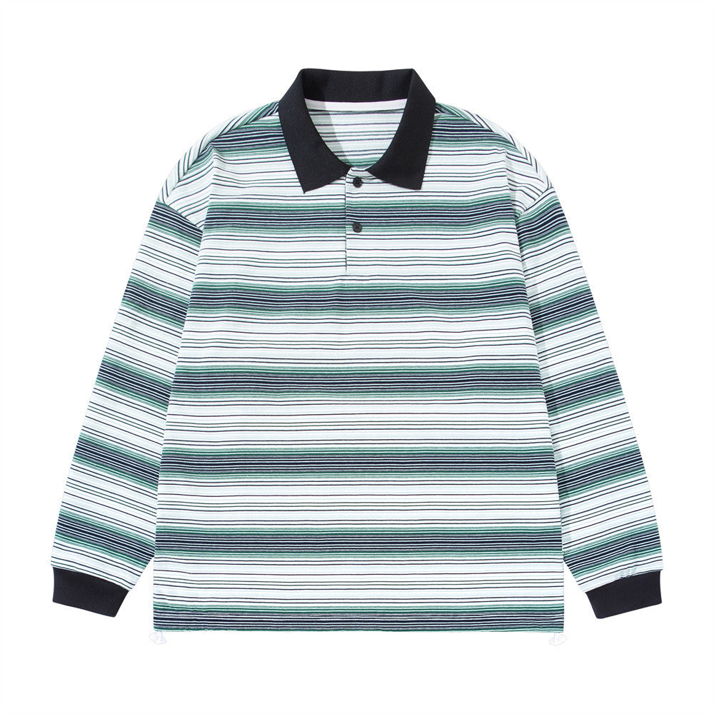 Men Striped Polo Shirt Long Sleeve Oversized Fit with Drawstring Hem