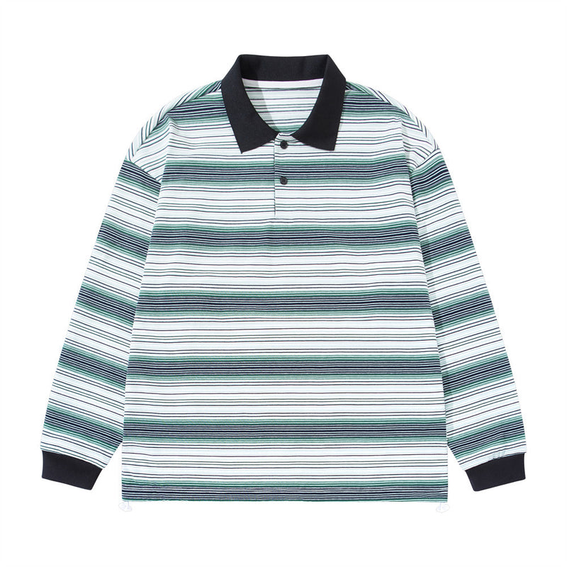 Men Striped Polo Shirt Long Sleeve Oversized Fit with Drawstring Hem