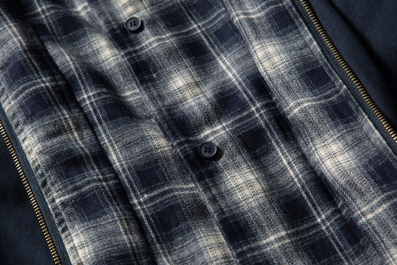 Layered Plaid Collar Bomber Jacket – Relaxed Fit Men's Workwear Zip-Up
