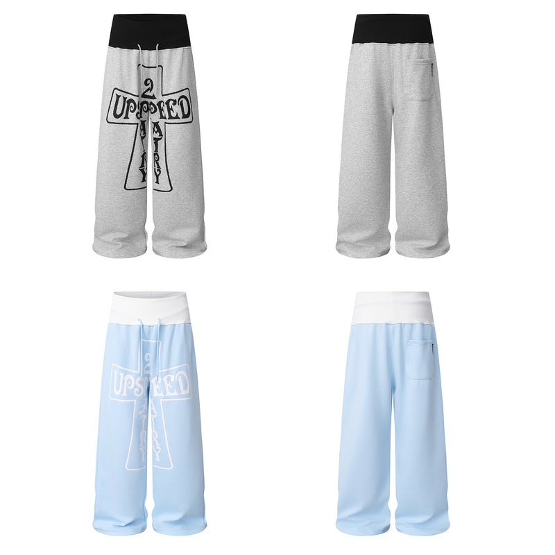 Pantalon de survêtement baggy à jambes larges avec imprimé croix – taille haute colorblock