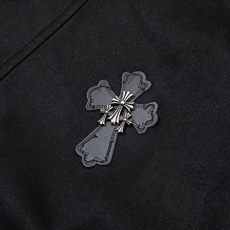 Suede Bomber Jacket Men – Collared Cross-Patch Relaxed Fit Varsity Jacket
