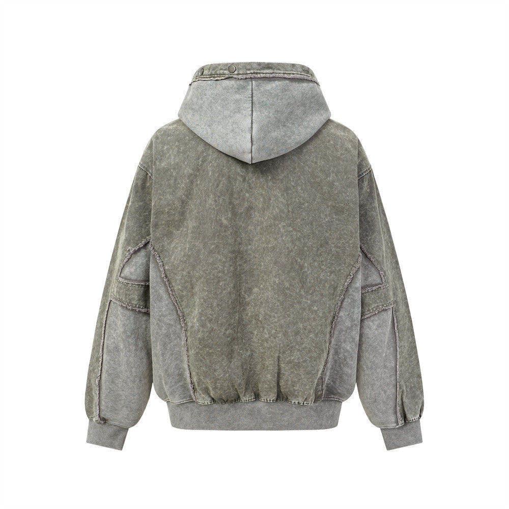 Veste à capuche zippée délavée à l'acide – Patchwork à bords francs et coupe oversize