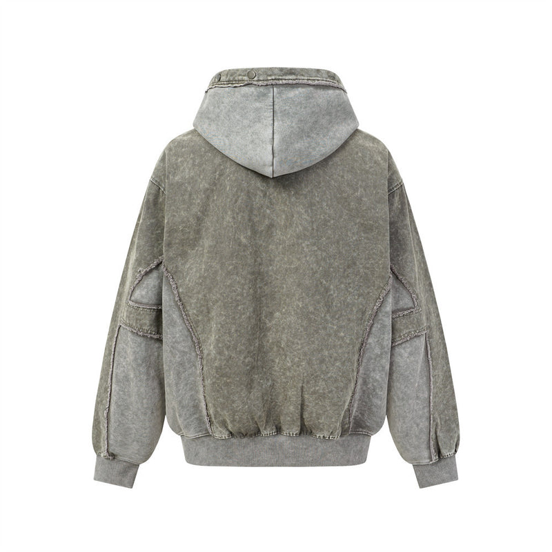 Veste à capuche zippée délavée à l'acide – Patchwork à bords francs et coupe oversize