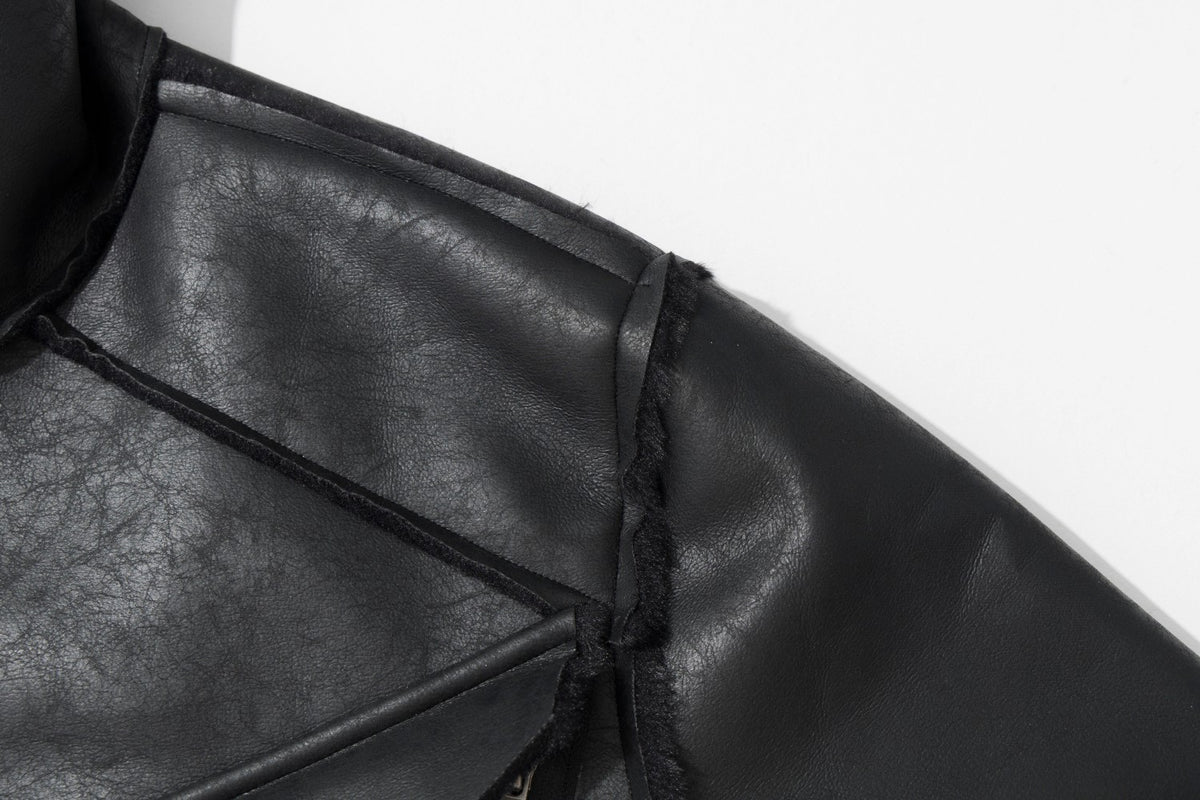Leather Jacket with Fur Collar – Black Bomber Moto Jacket with Cargo Pockets &