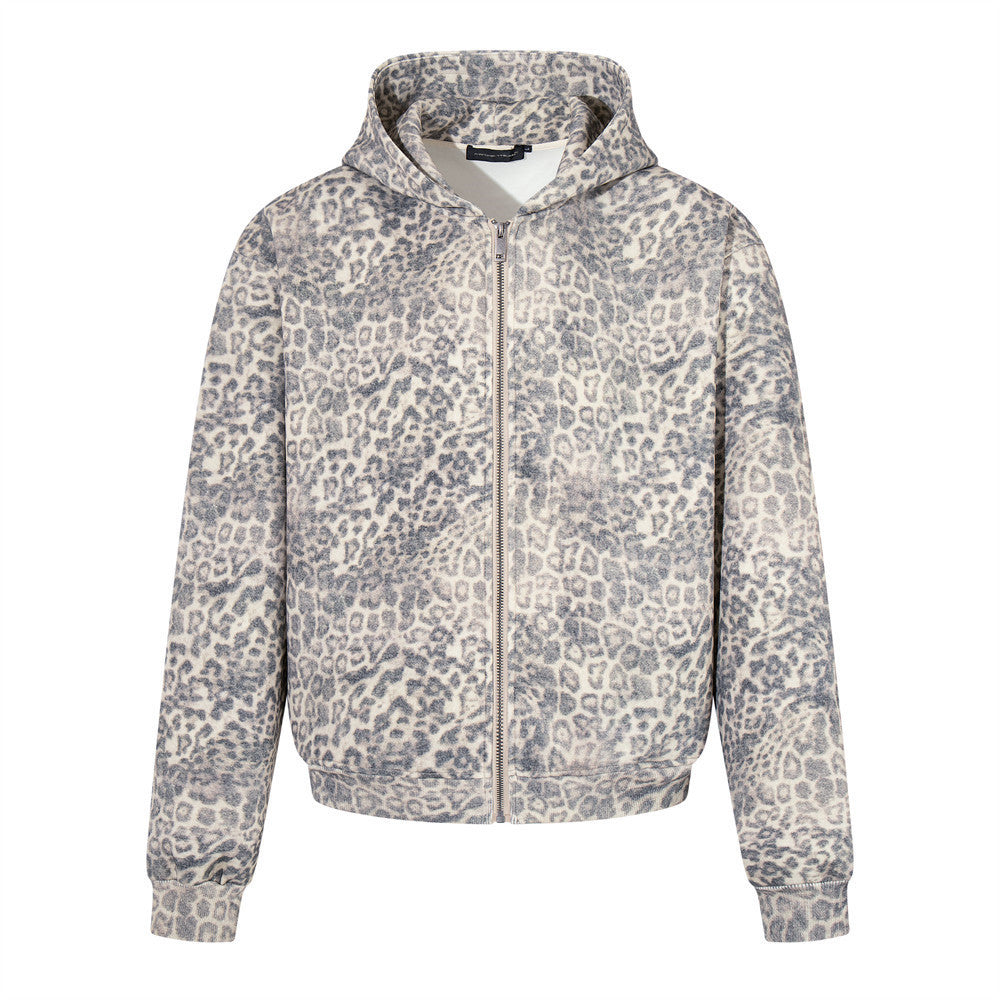 Hoodie zippé à imprimé léopard – Sweat-shirt streetwear oversize délavé