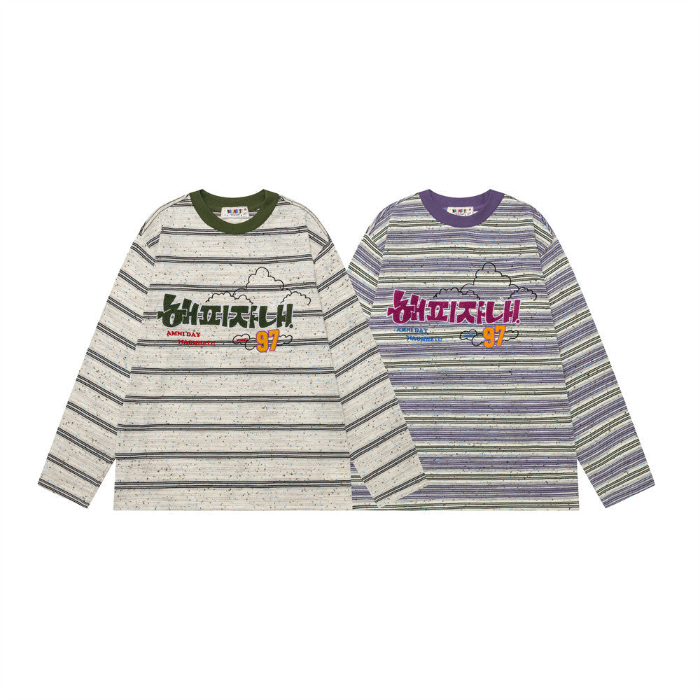 Striped Long-Sleeve Shirt Men's Oversized Fit with Korean Embroidered Graphic