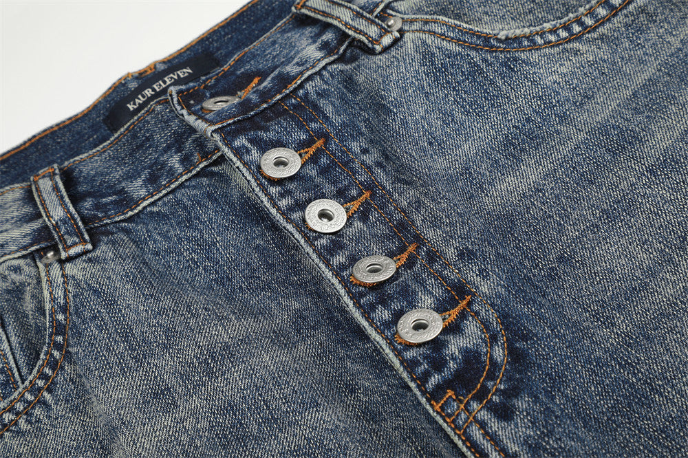 Wide-Leg Jeans Button-Fly Vintage Washed Distressed Denim