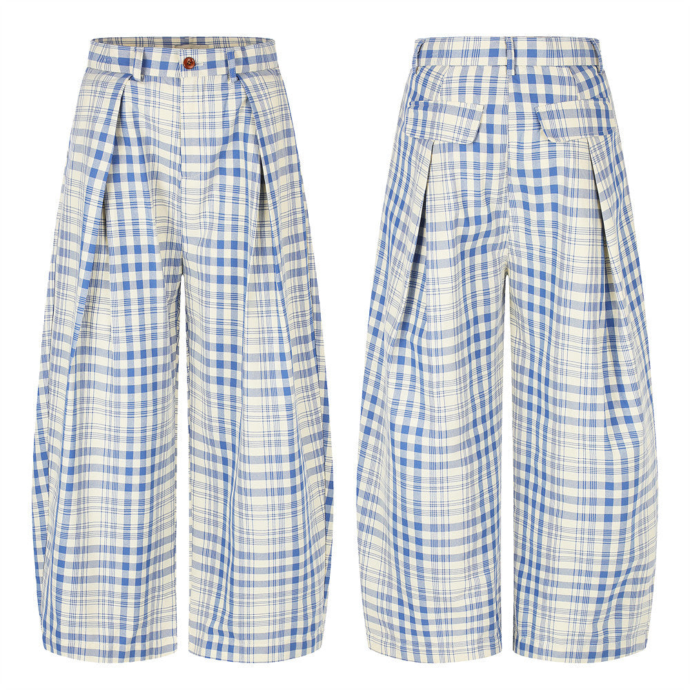 Wide-Leg Pleated Trousers in Blue Plaid Check