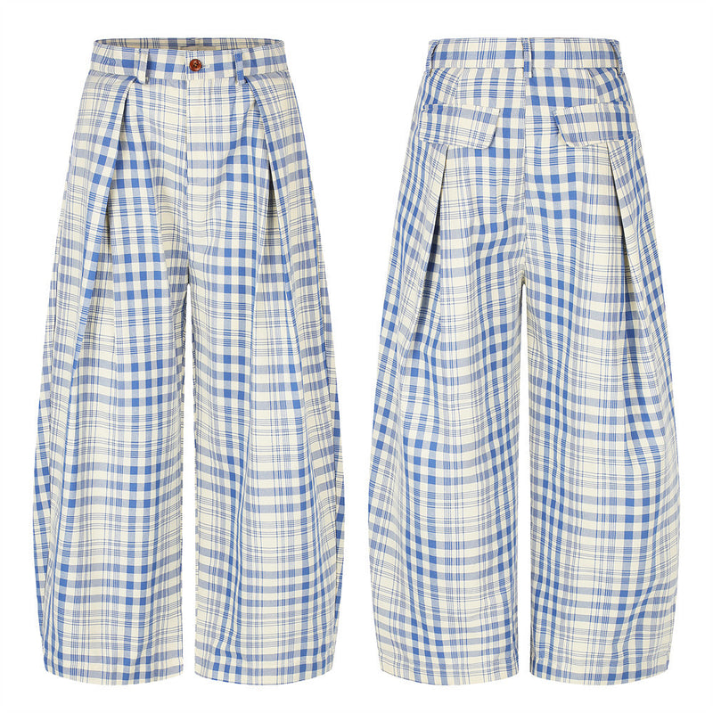 Wide-Leg Pleated Trousers in Blue Plaid Check